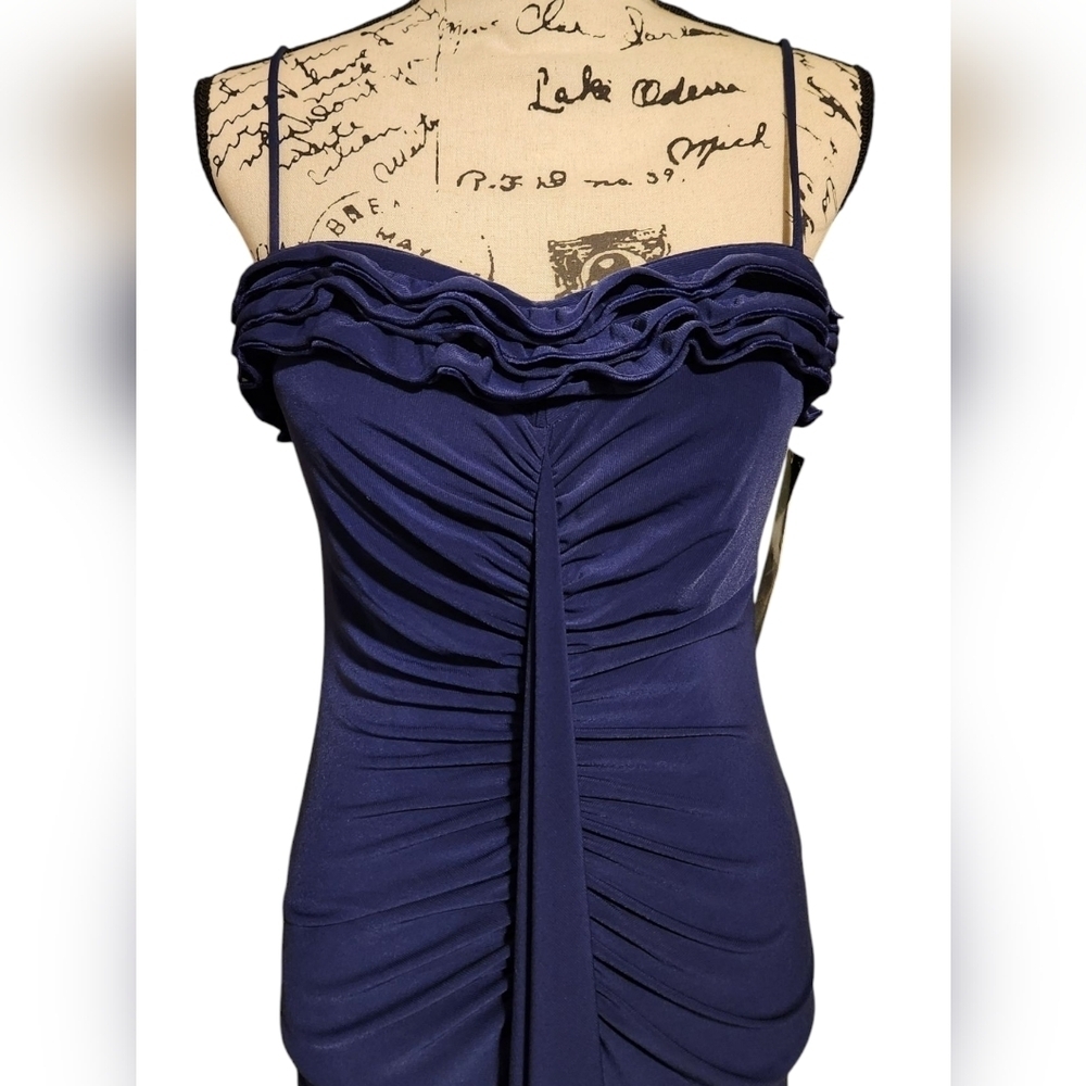 Onyx Nite Navy Blue Jersey Knit Stretch Sweetheart Gown - Picture 3 of 8